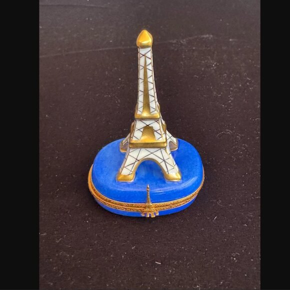 Rare Limoges France Peint Main Eiffel Tower Cobalt & Gold Eiffel Tower Clasp Box - Picture 5 of 10